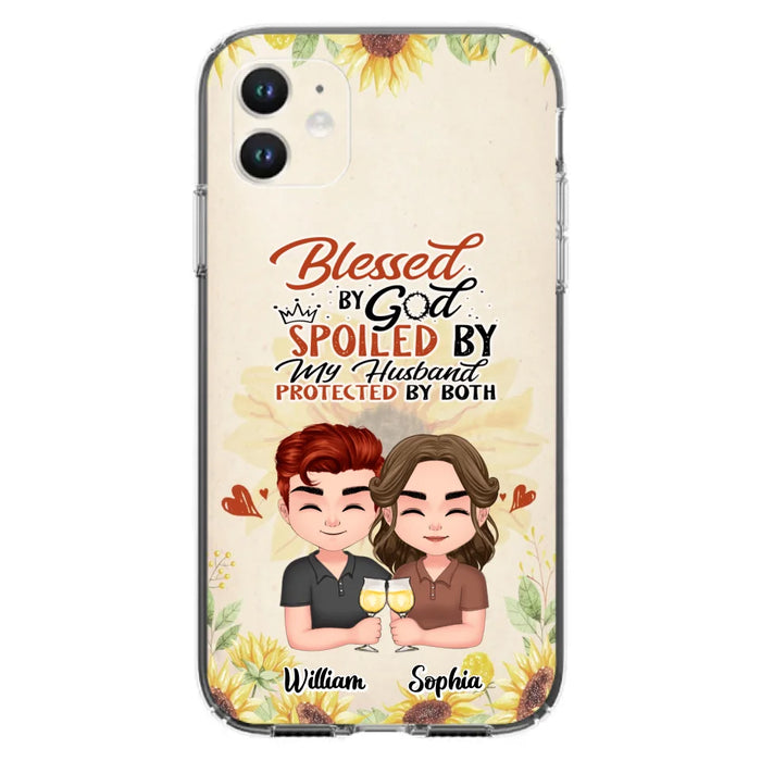 Custom Personalized Chibi Couple Phone Case - Gift Idea For Couple - Blessed By God, Spoiled By My Husband, Protected By Both - Case For iPhone & Samsung