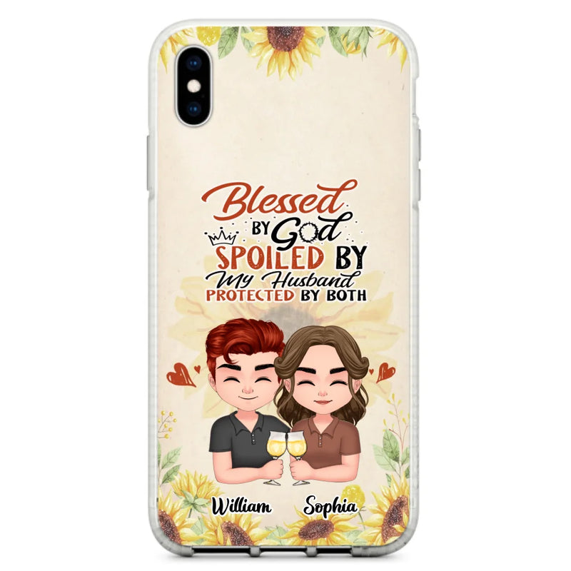 Custom Personalized Chibi Couple Phone Case - Gift Idea For Couple - Blessed By God, Spoiled By My Husband, Protected By Both - Case For iPhone & Samsung