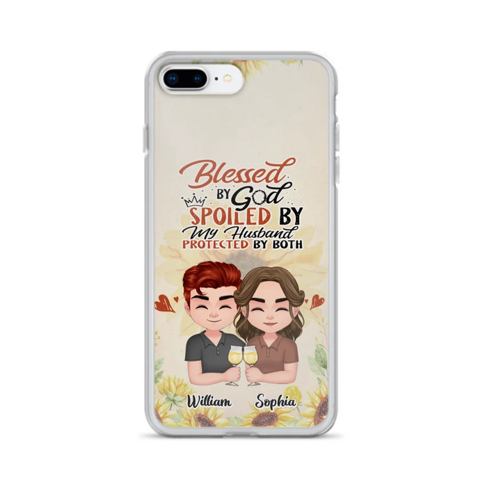 Custom Personalized Chibi Couple Phone Case - Gift Idea For Couple - Blessed By God, Spoiled By My Husband, Protected By Both - Case For iPhone & Samsung