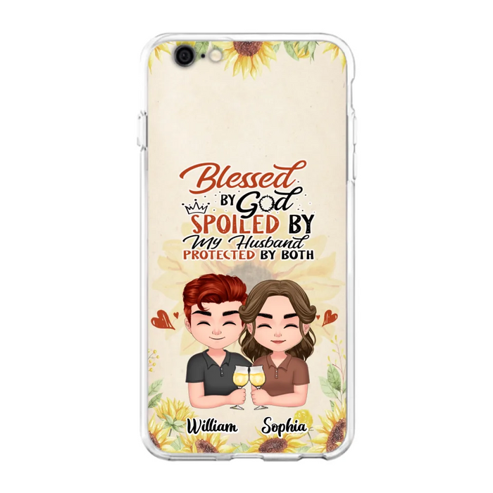 Custom Personalized Chibi Couple Phone Case - Gift Idea For Couple - Blessed By God, Spoiled By My Husband, Protected By Both - Case For iPhone & Samsung