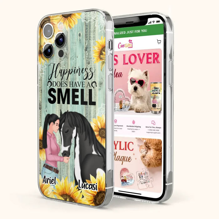 Custom Personalized Horse Girl Phone Case - Up to 3 Horses - Gift Idea for Horse Lover - Happiness Does Have A Smell - Case for iPhone/Samsung