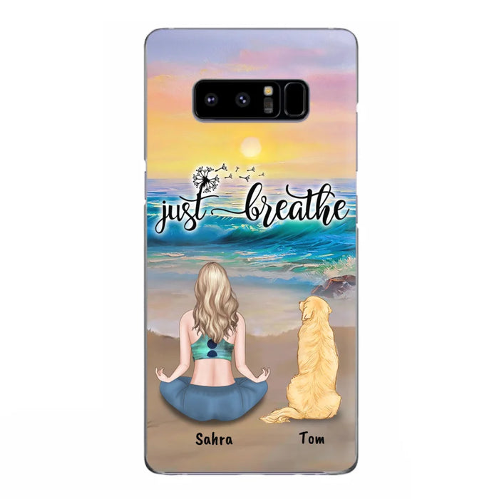 Custom Personalized Yoga Woman & Dog Phone Case - Upto 2 Dogs - Gifts For Yoga/ Dog Lovers - Just Breathe - Case For iPhone, Samsung And Xiaomi - 606HWH