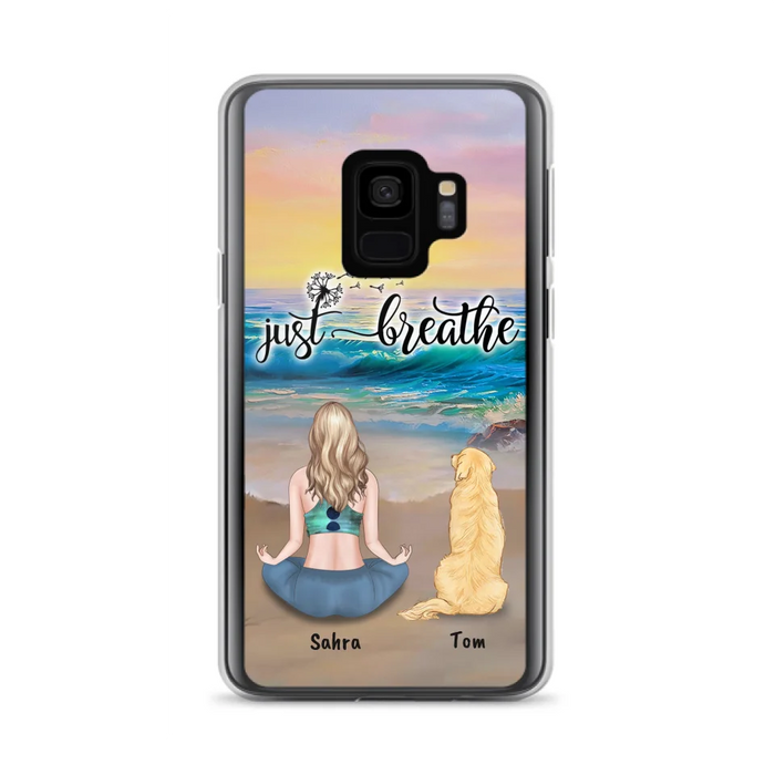 Custom Personalized Yoga Woman & Dog Phone Case - Upto 2 Dogs - Gifts For Yoga/ Dog Lovers - Just Breathe - Case For iPhone, Samsung And Xiaomi - 606HWH