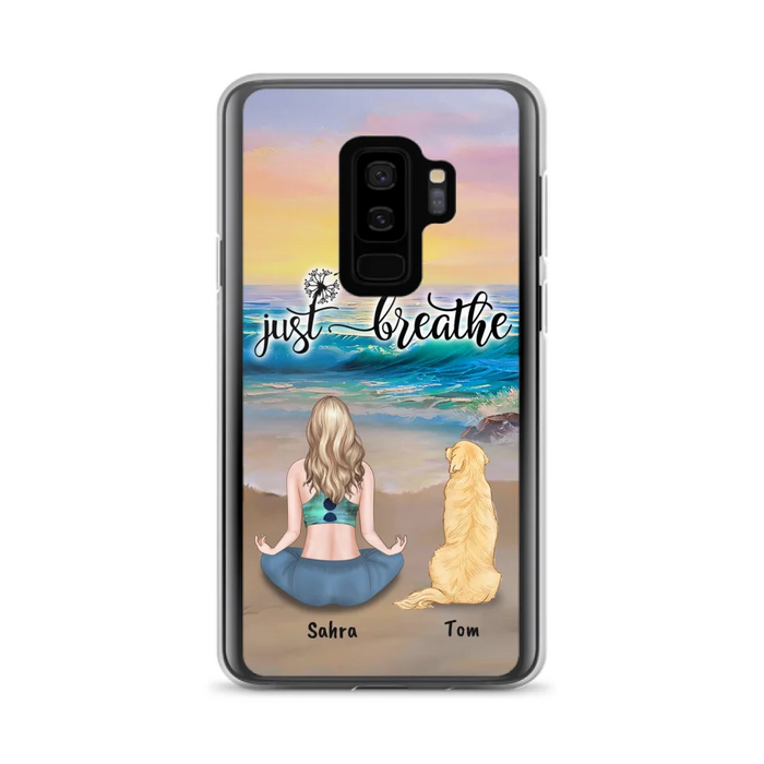 Custom Personalized Yoga Woman & Dog Phone Case - Upto 2 Dogs - Gifts For Yoga/ Dog Lovers - Just Breathe - Case For iPhone, Samsung And Xiaomi - 606HWH