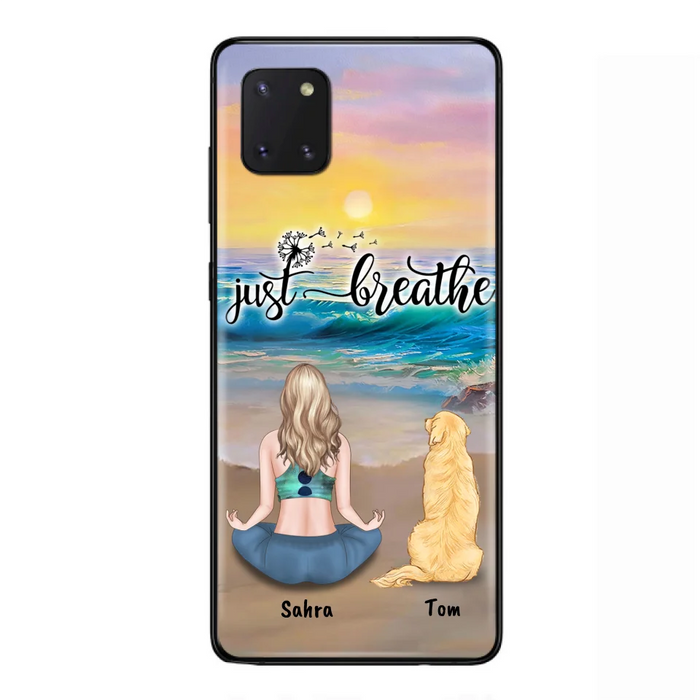 Custom Personalized Yoga Woman & Dog Phone Case - Upto 2 Dogs - Gifts For Yoga/ Dog Lovers - Just Breathe - Case For iPhone, Samsung And Xiaomi - 606HWH