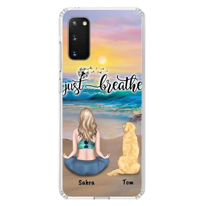 Custom Personalized Yoga Woman & Dog Phone Case - Upto 2 Dogs - Gifts For Yoga/ Dog Lovers - Just Breathe - Case For iPhone, Samsung And Xiaomi - 606HWH