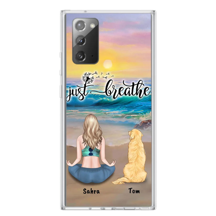 Custom Personalized Yoga Woman & Dog Phone Case - Upto 2 Dogs - Gifts For Yoga/ Dog Lovers - Just Breathe - Case For iPhone, Samsung And Xiaomi - 606HWH