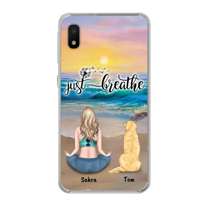 Custom Personalized Yoga Woman & Dog Phone Case - Upto 2 Dogs - Gifts For Yoga/ Dog Lovers - Just Breathe - Case For iPhone, Samsung And Xiaomi - 606HWH