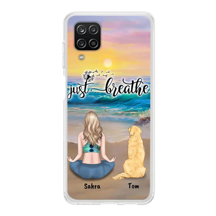 Custom Personalized Yoga Woman & Dog Phone Case - Upto 2 Dogs - Gifts For Yoga/ Dog Lovers - Just Breathe - Case For iPhone, Samsung And Xiaomi - 606HWH