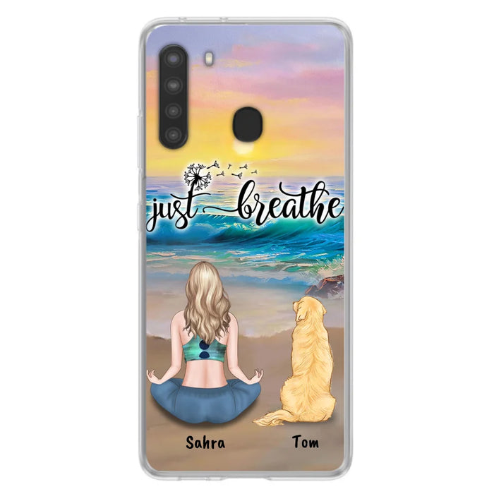 Custom Personalized Yoga Woman & Dog Phone Case - Upto 2 Dogs - Gifts For Yoga/ Dog Lovers - Just Breathe - Case For iPhone, Samsung And Xiaomi - 606HWH