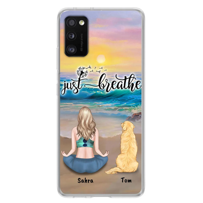 Custom Personalized Yoga Woman & Dog Phone Case - Upto 2 Dogs - Gifts For Yoga/ Dog Lovers - Just Breathe - Case For iPhone, Samsung And Xiaomi - 606HWH