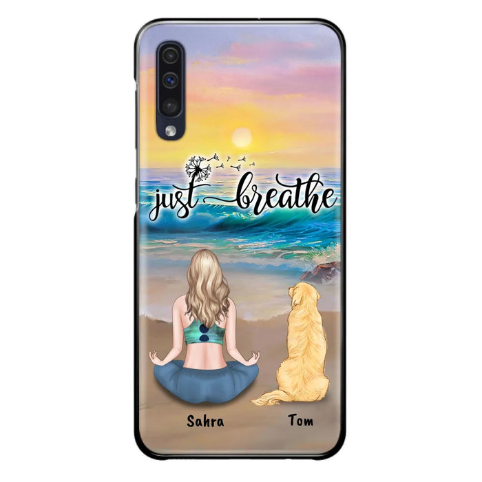 Custom Personalized Yoga Woman & Dog Phone Case - Upto 2 Dogs - Gifts For Yoga/ Dog Lovers - Just Breathe - Case For iPhone, Samsung And Xiaomi - 606HWH