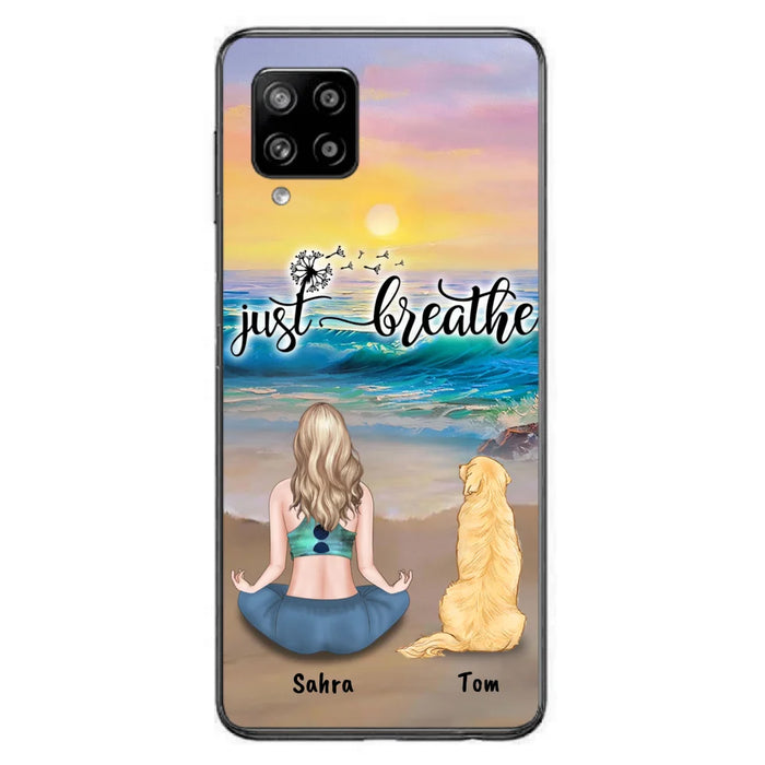 Custom Personalized Yoga Woman & Dog Phone Case - Upto 2 Dogs - Gifts For Yoga/ Dog Lovers - Just Breathe - Case For iPhone, Samsung And Xiaomi - 606HWH