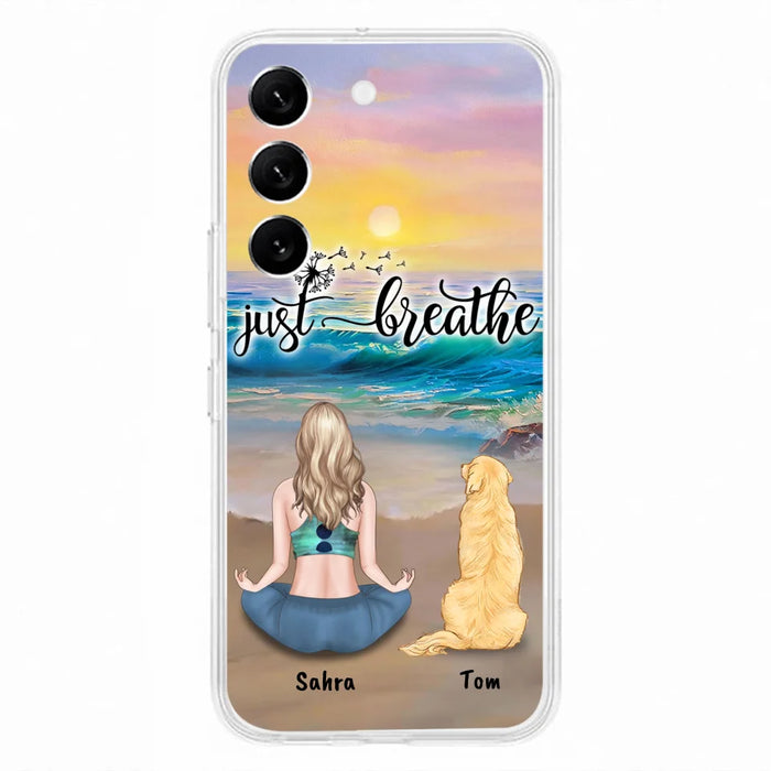 Custom Personalized Yoga Woman & Dog Phone Case - Upto 2 Dogs - Gifts For Yoga/ Dog Lovers - Just Breathe - Case For iPhone, Samsung And Xiaomi - 606HWH