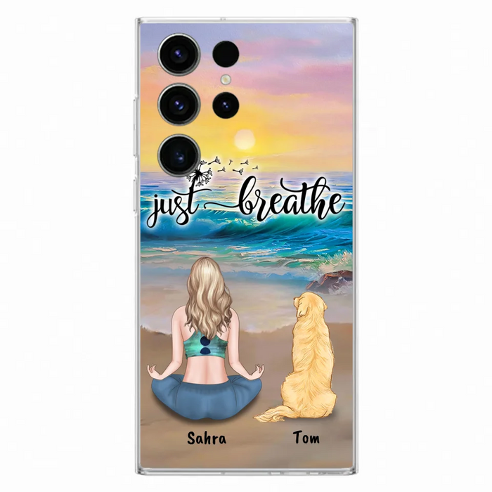 Custom Personalized Yoga Woman & Dog Phone Case - Upto 2 Dogs - Gifts For Yoga/ Dog Lovers - Just Breathe - Case For iPhone, Samsung And Xiaomi - 606HWH