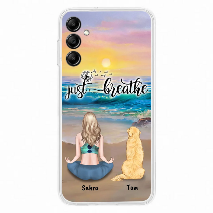 Custom Personalized Yoga Woman & Dog Phone Case - Upto 2 Dogs - Gifts For Yoga/ Dog Lovers - Just Breathe - Case For iPhone, Samsung And Xiaomi - 606HWH