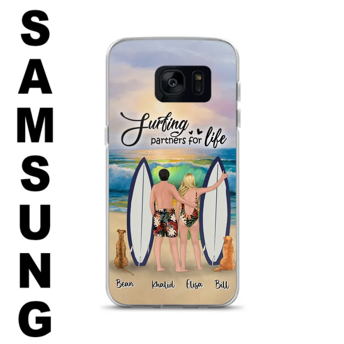 Custom Personalized Surfing Phone Case - Couple And 2 Pets - Phone Case For iPhone and Samsung - Surfing Partners For Life - CCS180