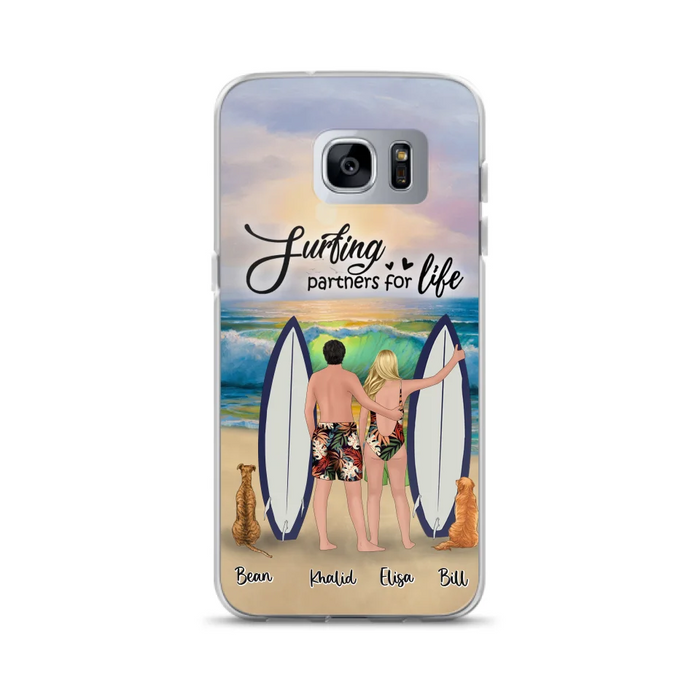 Custom Personalized Surfing Phone Case - Couple And 2 Pets - Phone Case For iPhone and Samsung - Surfing Partners For Life - CCS180