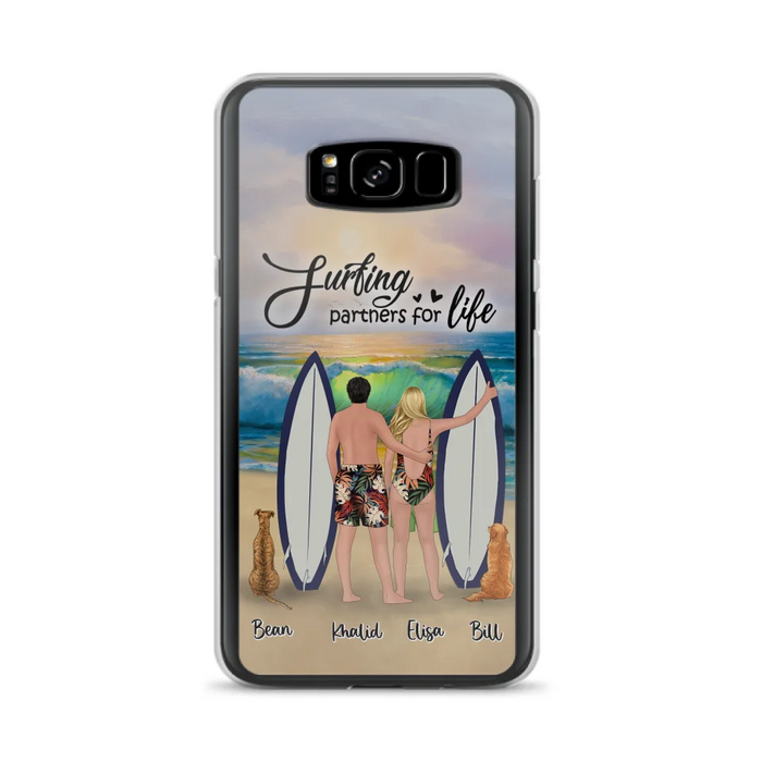 Custom Personalized Surfing Phone Case - Couple And 2 Pets - Phone Case For iPhone and Samsung - Surfing Partners For Life - CCS180