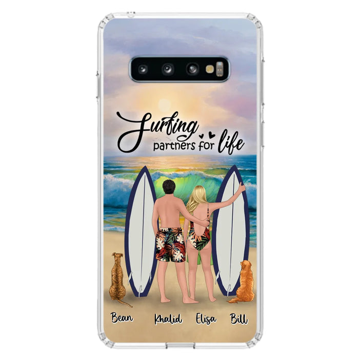 Custom Personalized Surfing Phone Case - Couple And 2 Pets - Phone Case For iPhone and Samsung - Surfing Partners For Life - CCS180