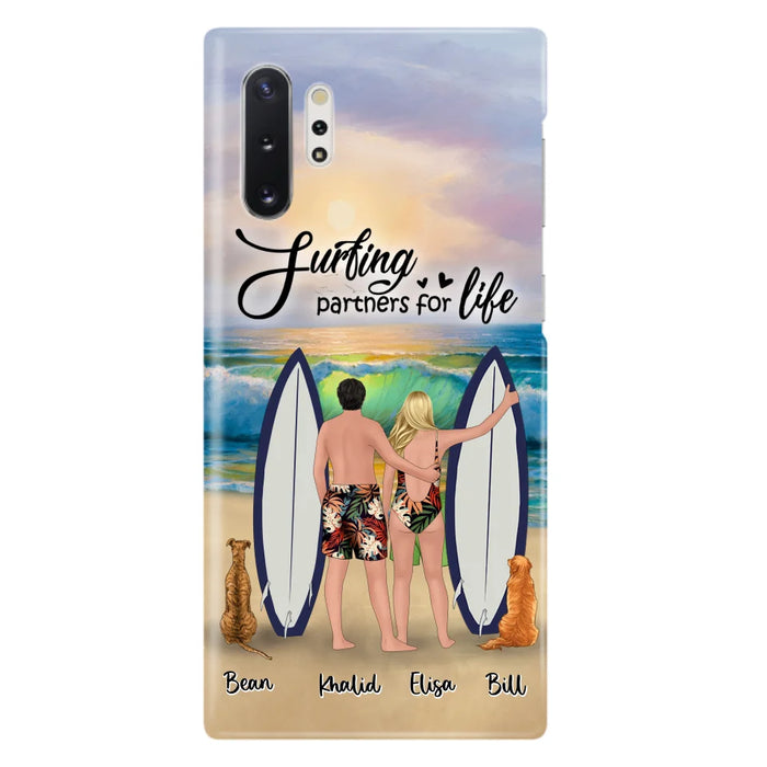 Custom Personalized Surfing Phone Case - Couple And 2 Pets - Phone Case For iPhone and Samsung - Surfing Partners For Life - CCS180