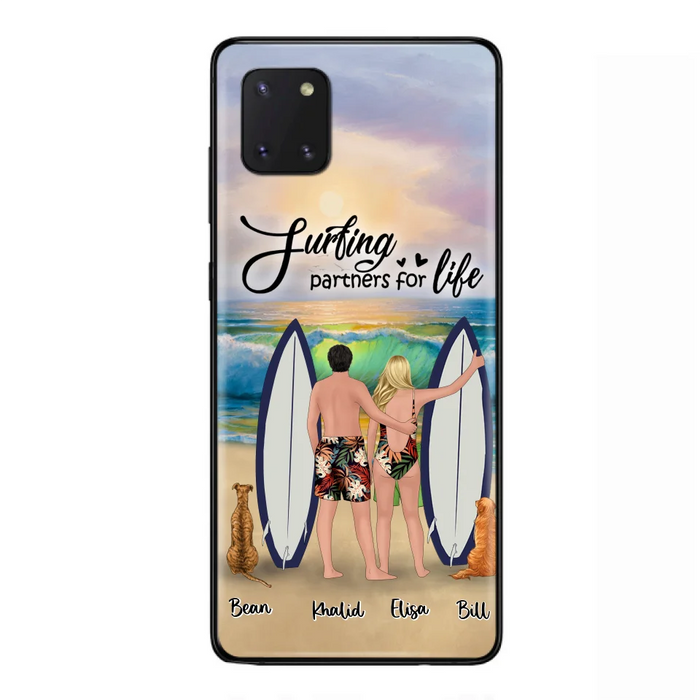 Custom Personalized Surfing Phone Case - Couple And 2 Pets - Phone Case For iPhone and Samsung - Surfing Partners For Life - CCS180