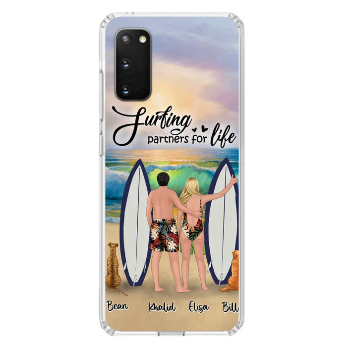 Custom Personalized Surfing Phone Case - Couple And 2 Pets - Phone Case For iPhone and Samsung - Surfing Partners For Life - CCS180