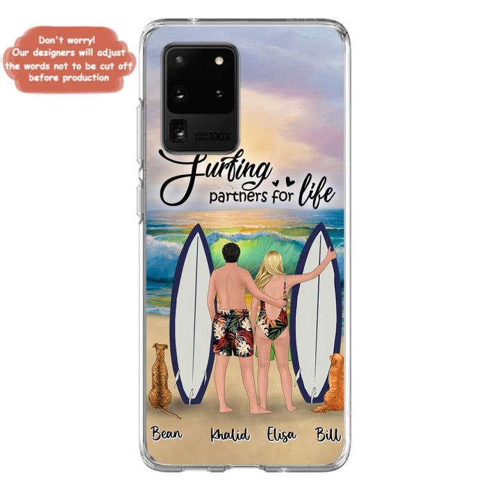 Custom Personalized Surfing Phone Case - Couple And 2 Pets - Phone Case For iPhone and Samsung - Surfing Partners For Life - CCS180