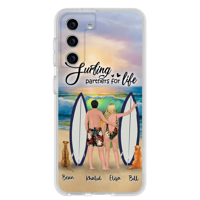 Custom Personalized Surfing Phone Case - Couple And 2 Pets - Phone Case For iPhone and Samsung - Surfing Partners For Life - CCS180