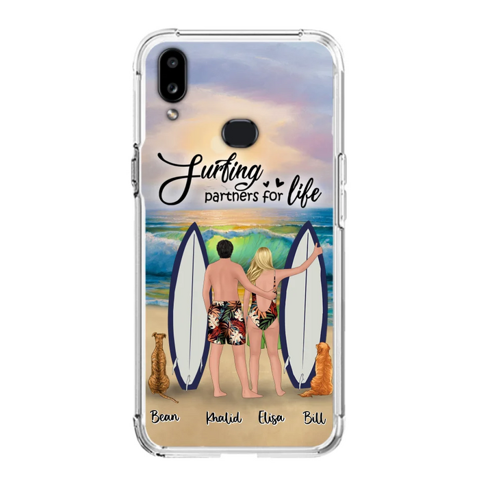 Custom Personalized Surfing Phone Case - Couple And 2 Pets - Phone Case For iPhone and Samsung - Surfing Partners For Life - CCS180