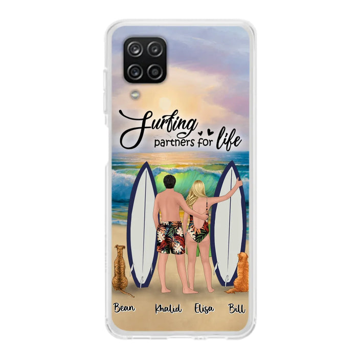 Custom Personalized Surfing Phone Case - Couple And 2 Pets - Phone Case For iPhone and Samsung - Surfing Partners For Life - CCS180