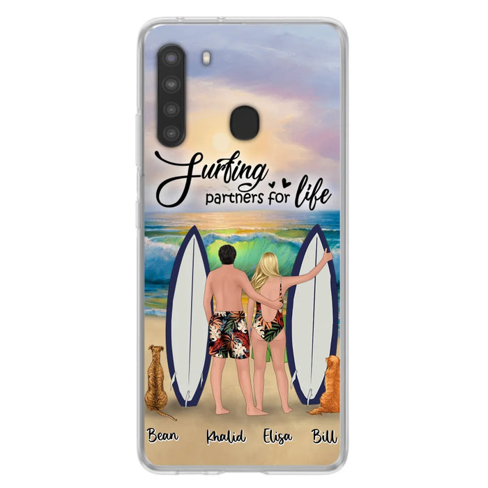 Custom Personalized Surfing Phone Case - Couple And 2 Pets - Phone Case For iPhone and Samsung - Surfing Partners For Life - CCS180