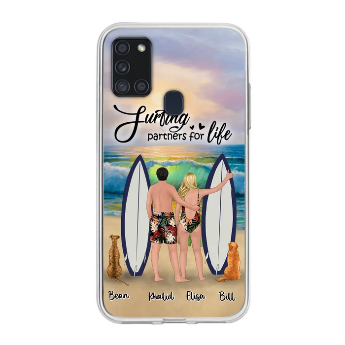 Custom Personalized Surfing Phone Case - Couple And 2 Pets - Phone Case For iPhone and Samsung - Surfing Partners For Life - CCS180