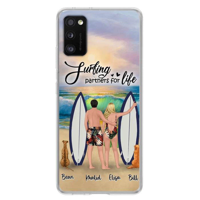 Custom Personalized Surfing Phone Case - Couple And 2 Pets - Phone Case For iPhone and Samsung - Surfing Partners For Life - CCS180