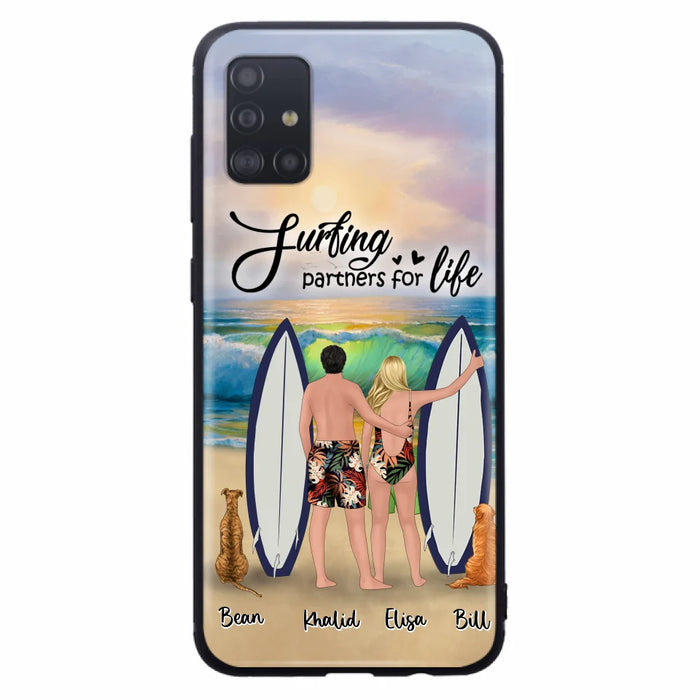 Custom Personalized Surfing Phone Case - Couple And 2 Pets - Phone Case For iPhone and Samsung - Surfing Partners For Life - CCS180