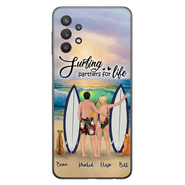 Custom Personalized Surfing Phone Case - Couple And 2 Pets - Phone Case For iPhone and Samsung - Surfing Partners For Life - CCS180