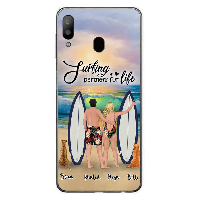 Custom Personalized Surfing Phone Case - Couple And 2 Pets - Phone Case For iPhone and Samsung - Surfing Partners For Life - CCS180