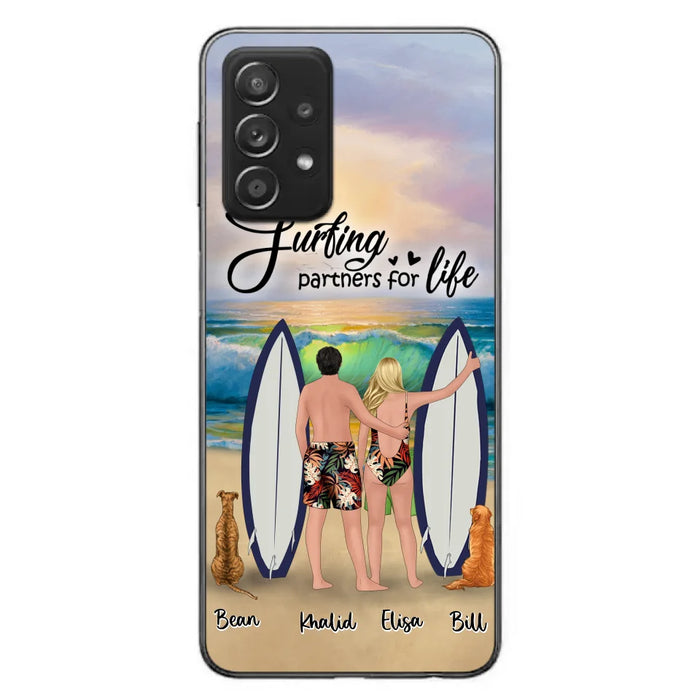 Custom Personalized Surfing Phone Case - Couple And 2 Pets - Phone Case For iPhone and Samsung - Surfing Partners For Life - CCS180