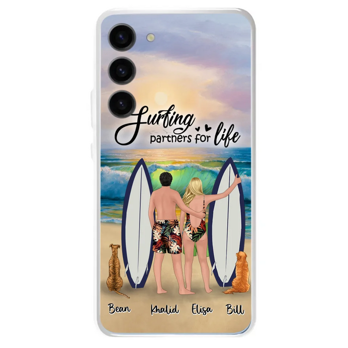 Custom Personalized Surfing Phone Case - Couple And 2 Pets - Phone Case For iPhone and Samsung - Surfing Partners For Life - CCS180