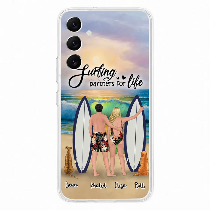 Custom Personalized Surfing Phone Case - Couple And 2 Pets - Phone Case For iPhone and Samsung - Surfing Partners For Life - CCS180