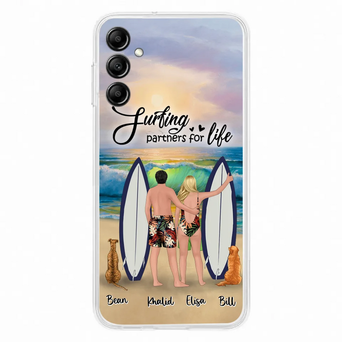 Custom Personalized Surfing Phone Case - Couple And 2 Pets - Phone Case For iPhone and Samsung - Surfing Partners For Life - CCS180