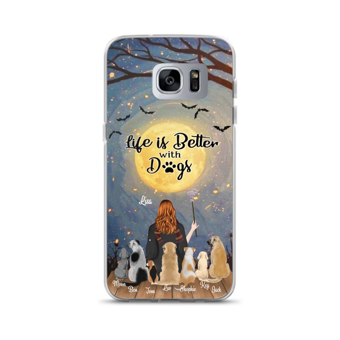 Custom Personalized Witch Phone Case - Upto 7 Dogs - Gift For Dog Lovers - Life Is Better With Dogs