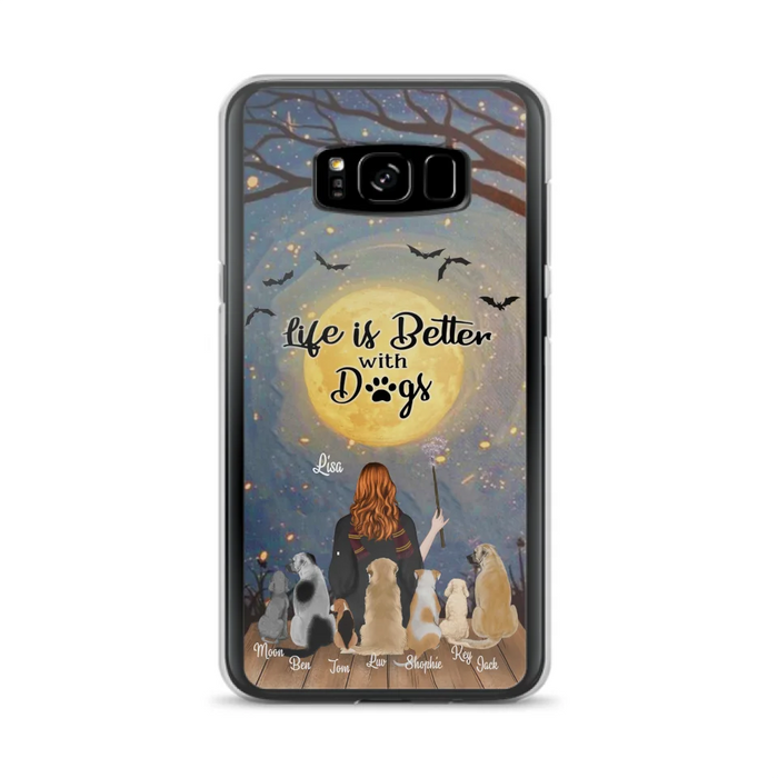 Custom Personalized Witch Phone Case - Upto 7 Dogs - Gift For Dog Lovers - Life Is Better With Dogs