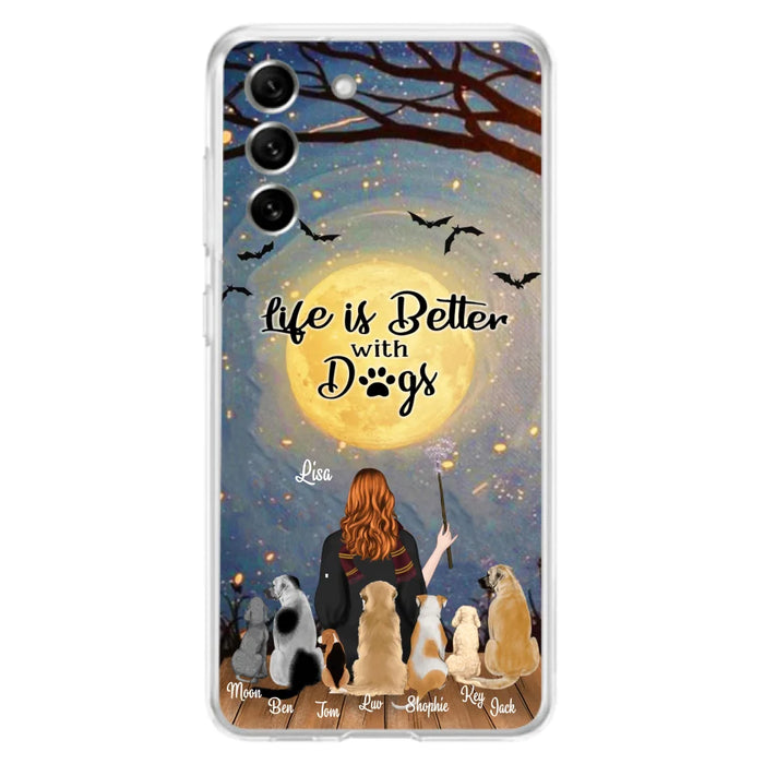 Custom Personalized Witch Phone Case - Upto 7 Dogs - Gift For Dog Lovers - Life Is Better With Dogs