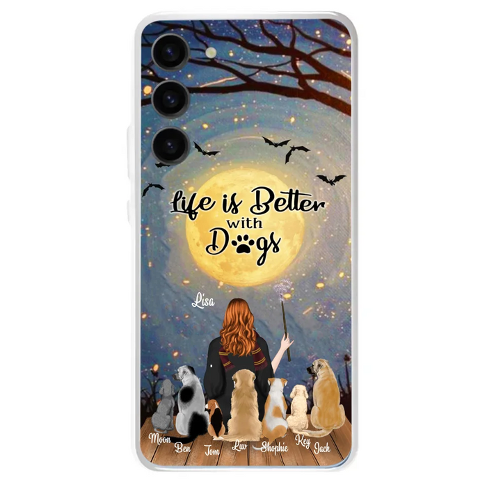 Custom Personalized Witch Phone Case - Upto 7 Dogs - Gift For Dog Lovers - Life Is Better With Dogs