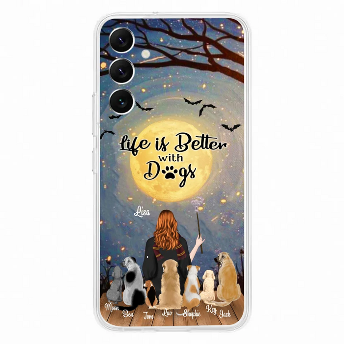 Custom Personalized Witch Phone Case - Upto 7 Dogs - Gift For Dog Lovers - Life Is Better With Dogs