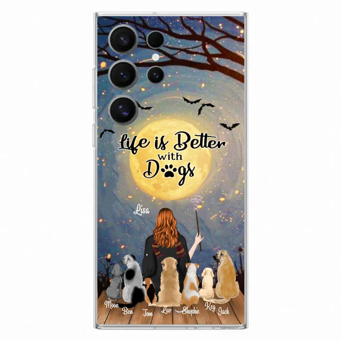 Custom Personalized Witch Phone Case - Upto 7 Dogs - Gift For Dog Lovers - Life Is Better With Dogs