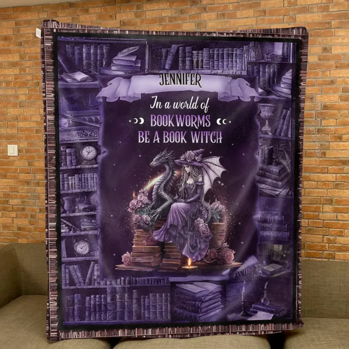 Custom Personalized Book Witch Dragon Quilt/ Fleece Throw Blanket - Gift Idea For Witch/ Book Lover - In A World Of Book Worms Be A Book Witch