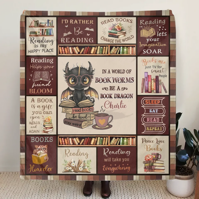 Custom Personalized Books & Dragon Quilt/ Fleece Throw Blanket - Gift Idea For  Book Lover - In A World Of Bookworms Be A Book Dragon