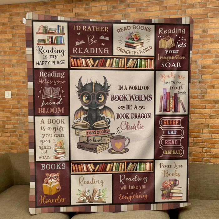 Custom Personalized Books & Dragon Quilt/ Fleece Throw Blanket - Gift Idea For  Book Lover - In A World Of Bookworms Be A Book Dragon